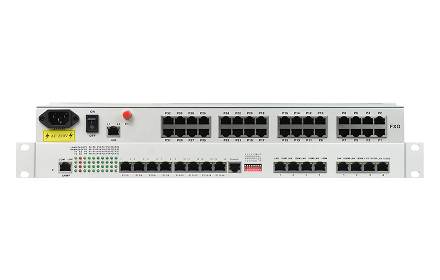 飛暢科技-32路電話+16E1+4FE+4GE+2路數(shù)據(jù)+SNMP+console（19英寸，物理隔離）電話光端機